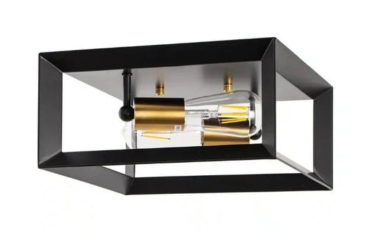 Emeritpro 11.4 in. 2-Light Industrial Black Gold Square Flush Mount Ceiling