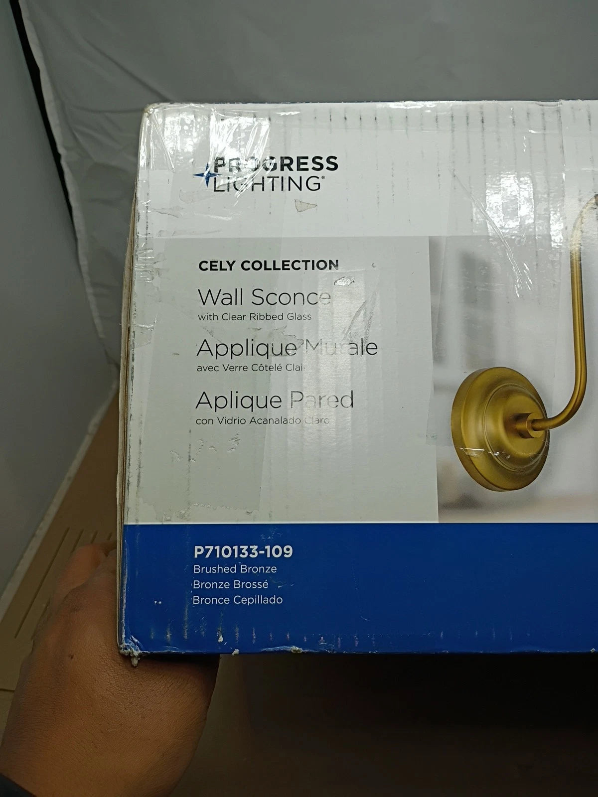 Progress Lighting Cely 14" 1-Light Brushed Bronze Wall Sconce Ribbed Glass Shade