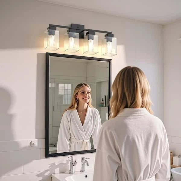 25 in. 4-Light Matte Black Vanity Light with Square Glass Shades-Modern Bathroom