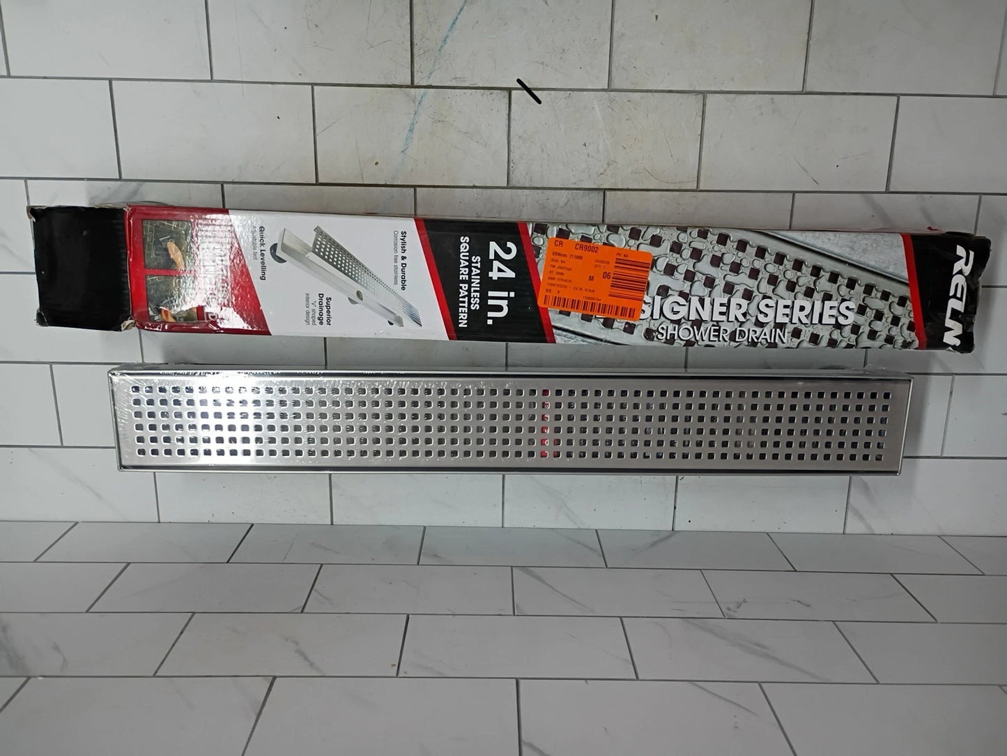 24 in. Stainless Steel Linear Shower Drain with Square Pattern Drain Cover NEW