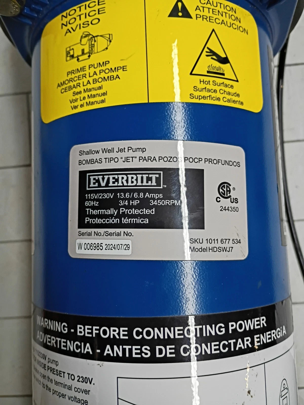 Everbilt 3/4 HP Cast Iron Shallow Well Jet Pump HDSWJ7 as is, For Parts