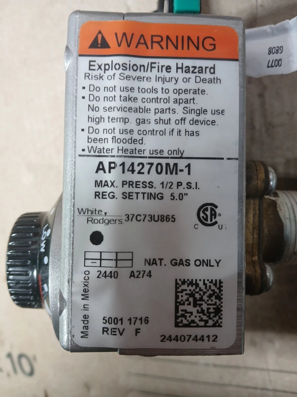 Rheem Ruud Richmond White Rodgers Water Heater Natural Gas Valve Fits AP14270M-1