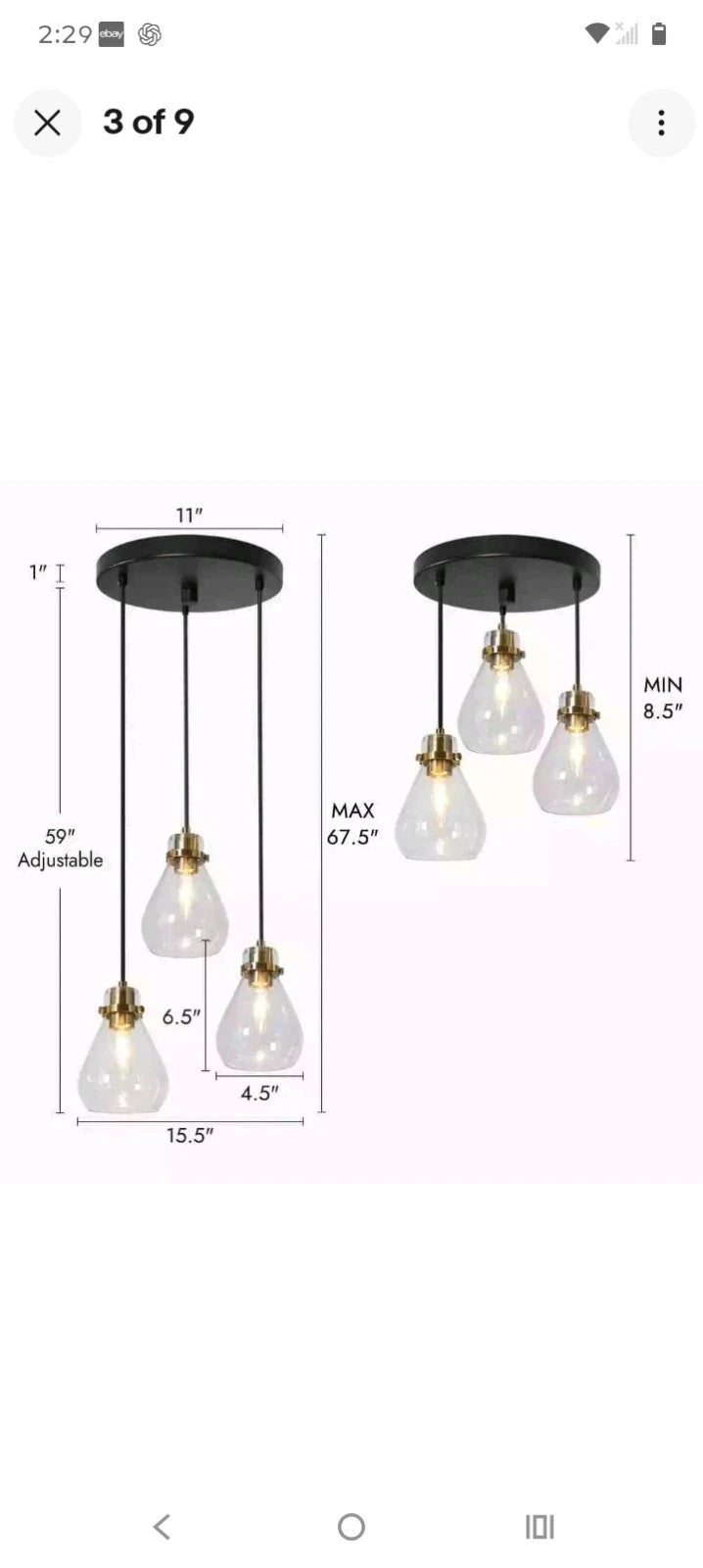 Black and Brass Chandelier 3-Light Ceiling Light Teardrop Glass Shades A04780 OB