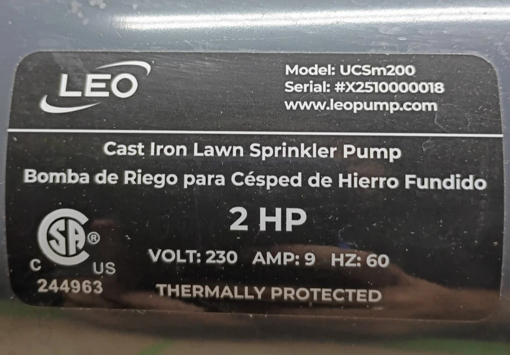 Leo UCSm200 2 hp Lawn Sparkler Pump Model Ucsm150 Open Box.