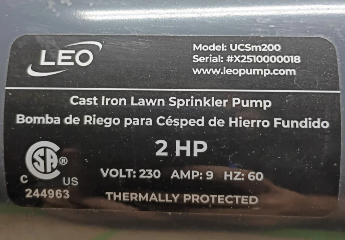 Leo UCSm200 2 hp Lawn Sparkler Pump Model Ucsm150 Open Box.
