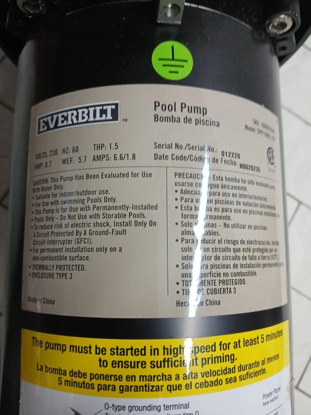 Everbilt 1.5 HP 2-Speed Pool Pump 230-Volt SPP15002-2SP NEW OPEN BOX
