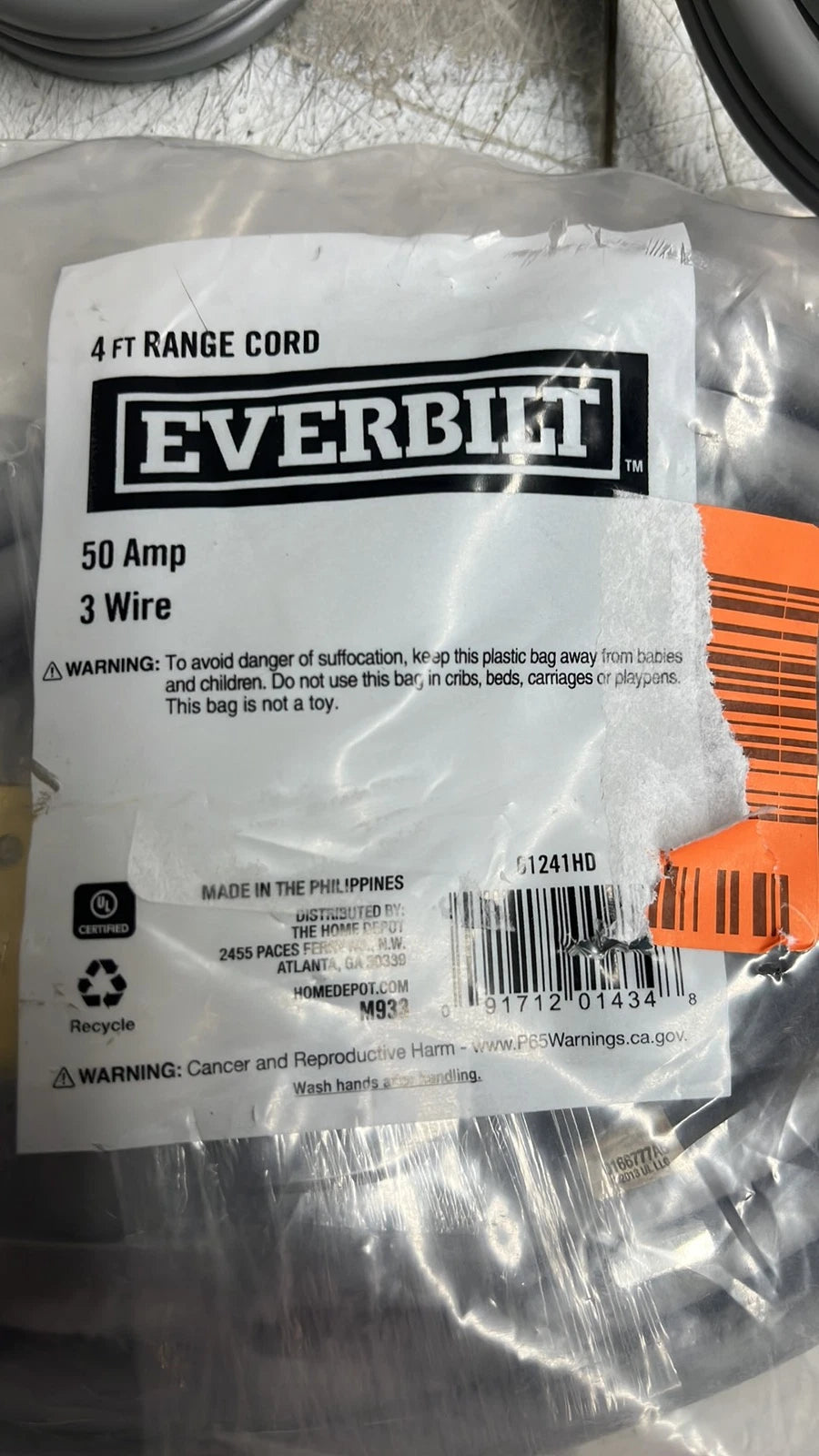 QTY of 5 Everbilt 61241HD 4 ft. 6/8 3-Wire Electric Range Plug Gray 50 amp