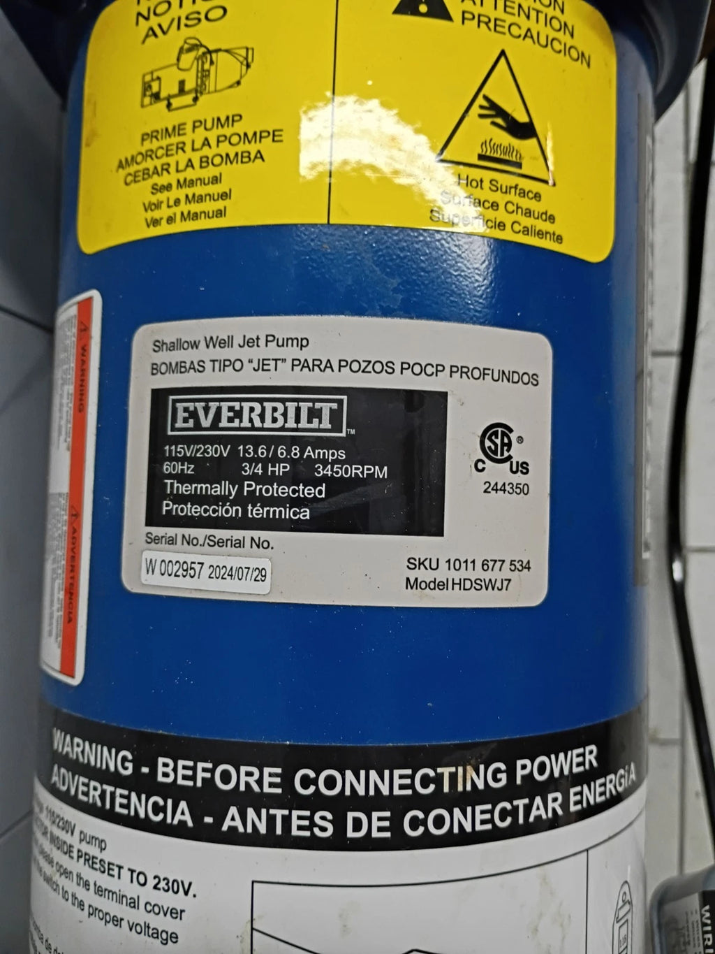Everbilt 3/4 HP Cast Iron Shallow Well Jet Pump HDSWJ7 as is, *For Parts *