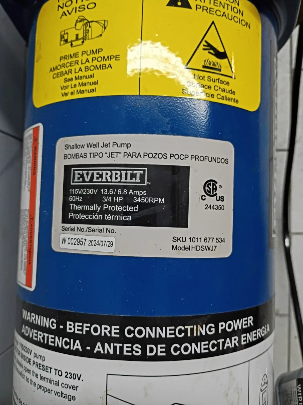 Everbilt 3/4 HP Cast Iron Shallow Well Jet Pump HDSWJ7 as is, *For Parts *