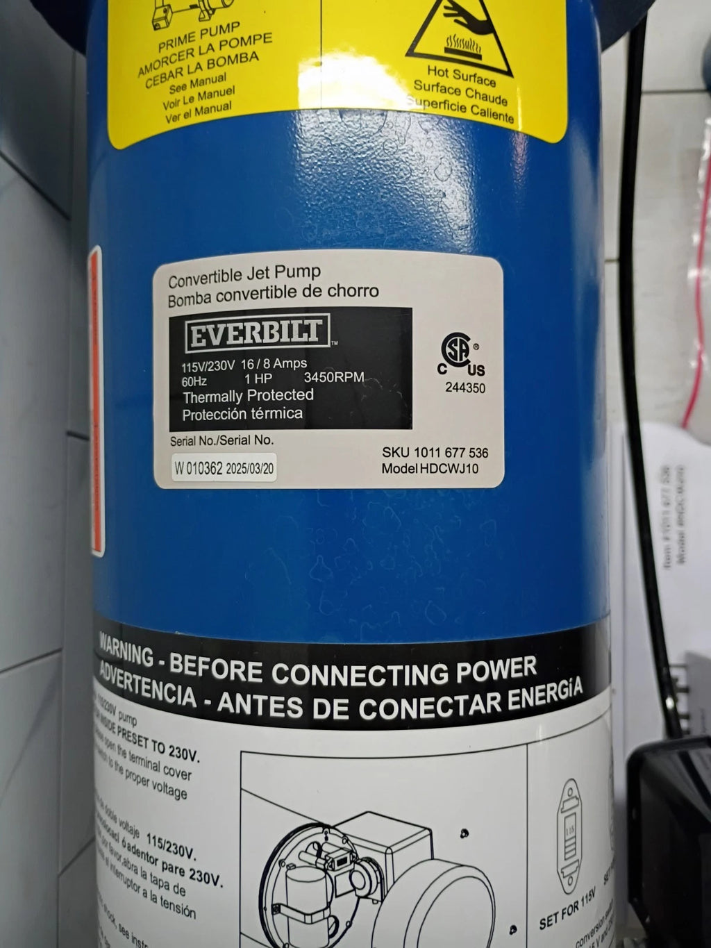 Everbilt 1 HP Professional Convertible Jet Pump. Open Box.