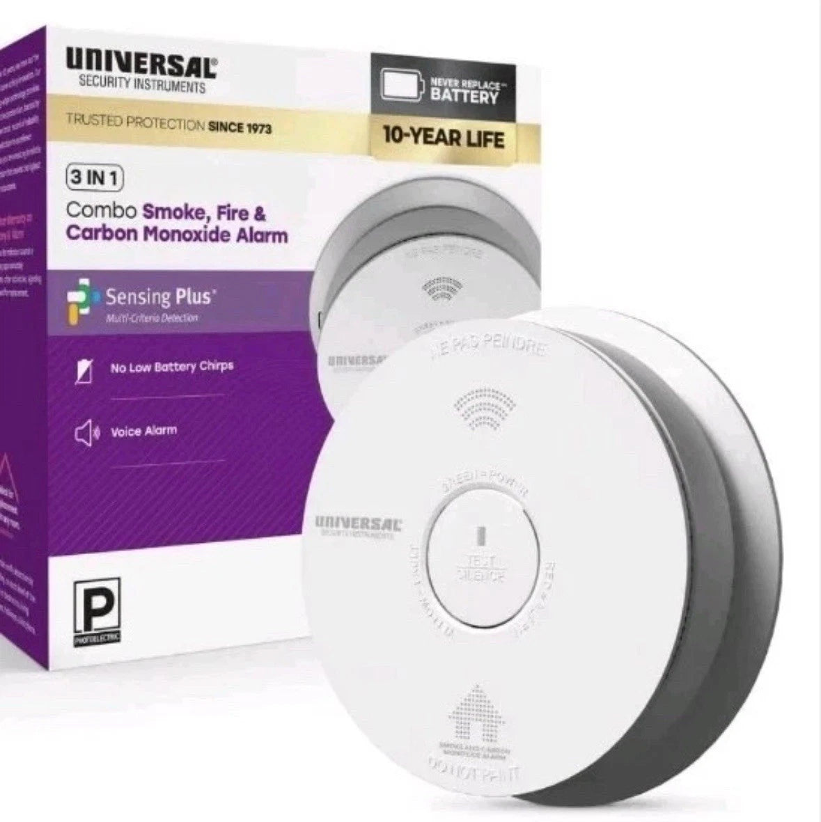 USI 10-Year Battery 3-in-1 Smoke Fire and Carbon Monoxide Detector w/Voice Alarm