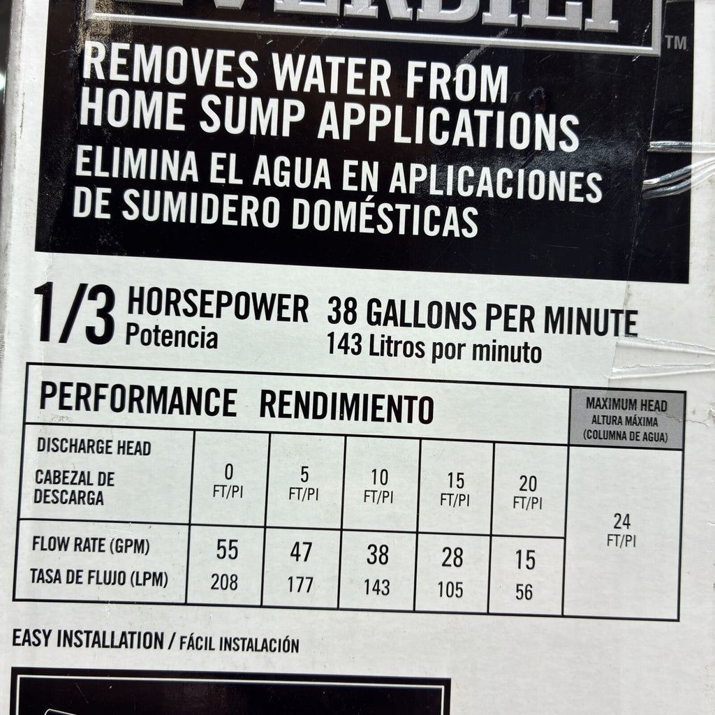 HDSP33V Everbilt 1/3 HP Aluminum Sump Pump Submersible  Vertical Switch Open Box