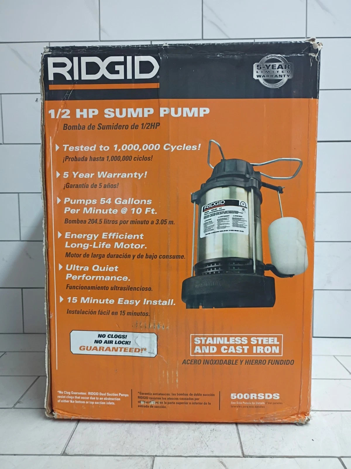 Ridgid500RSDS 1/2 HP Stainless Steel Dual Suction Sump Pump, Open Box.