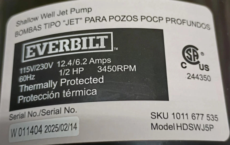 HDSWJ5P Everbilt 1/2 HP Plastic Shallow Well Jet Pump Open Box