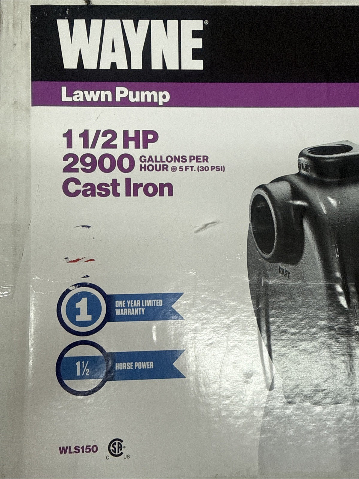 Wayne WLS150 1-1/2 HP Cast Iron Quick-Prime Lawn-irrigation Sprinkler Pump. NOB