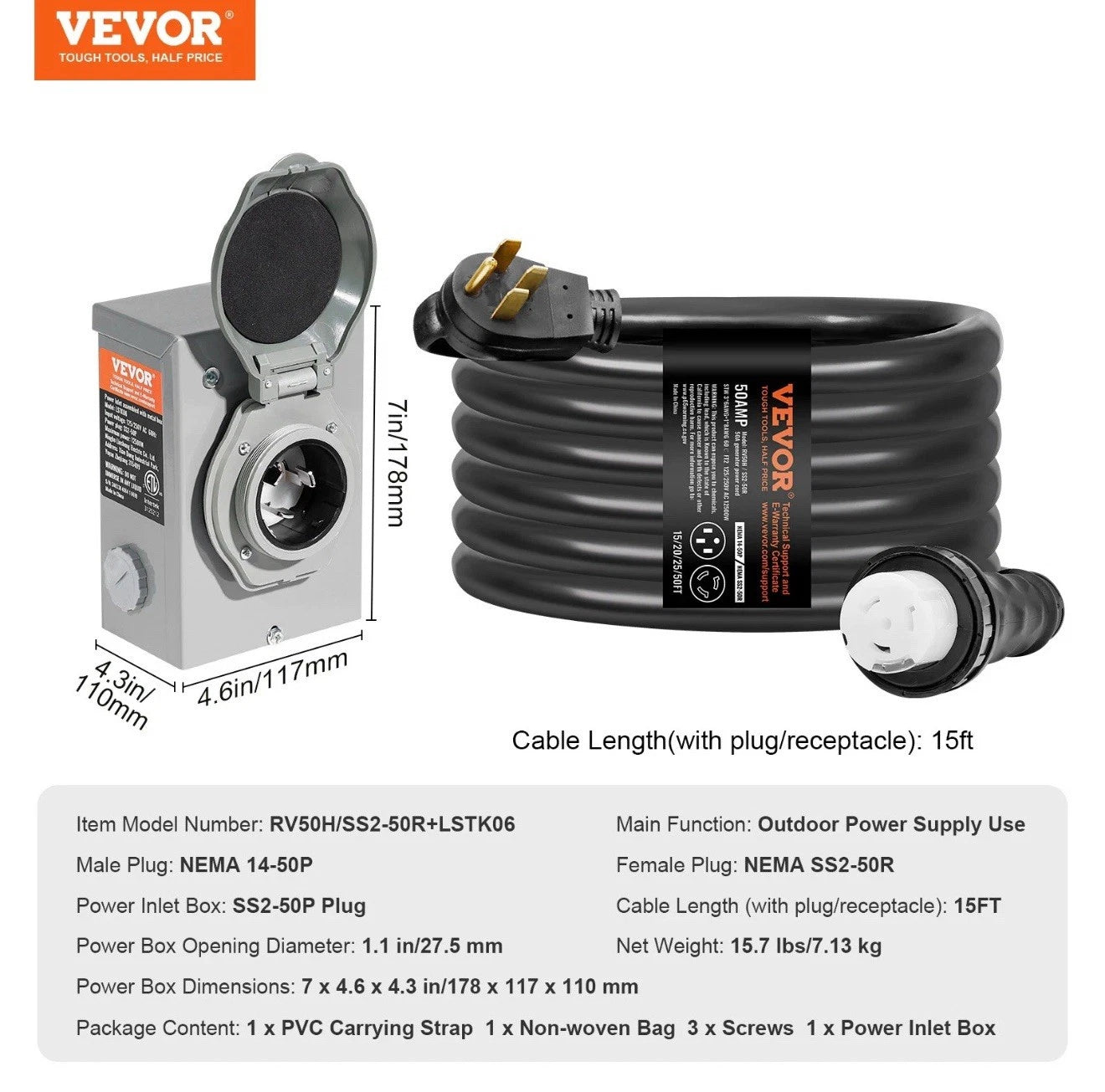 VEVOR 50 Amp Generator Cord and Power Inlet Box 15FT, NEMA 14-50P/SS2-50R STW