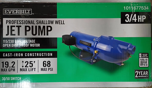 Everbilt 3/4 HP Cast Iron Shallow Well Jet Pump HDSWJ7 as is, For Parts