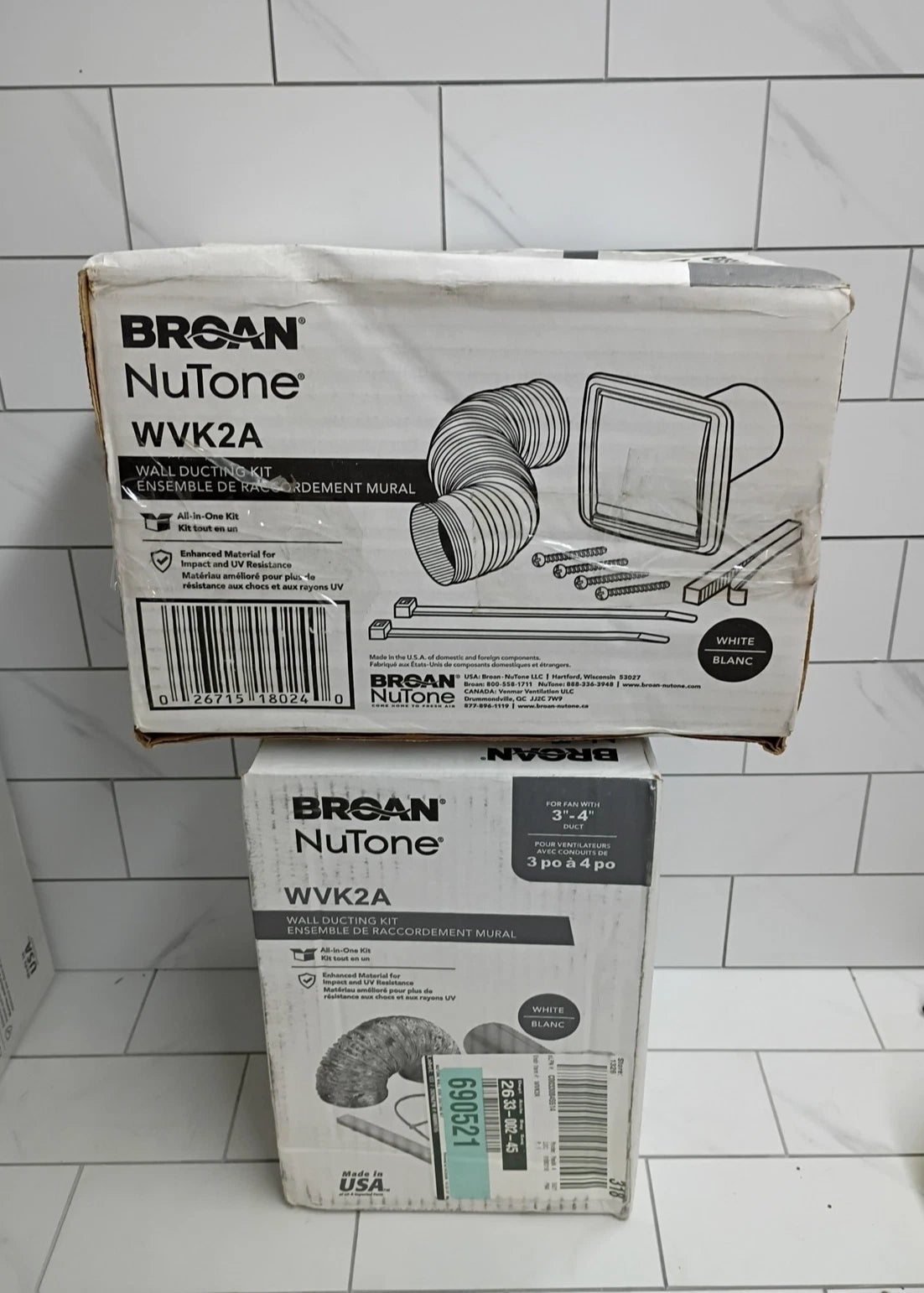 2pk Broan-NuTone WVK2A Flexible Wall Ducting Kit White Vent 3"x4" New Open Box