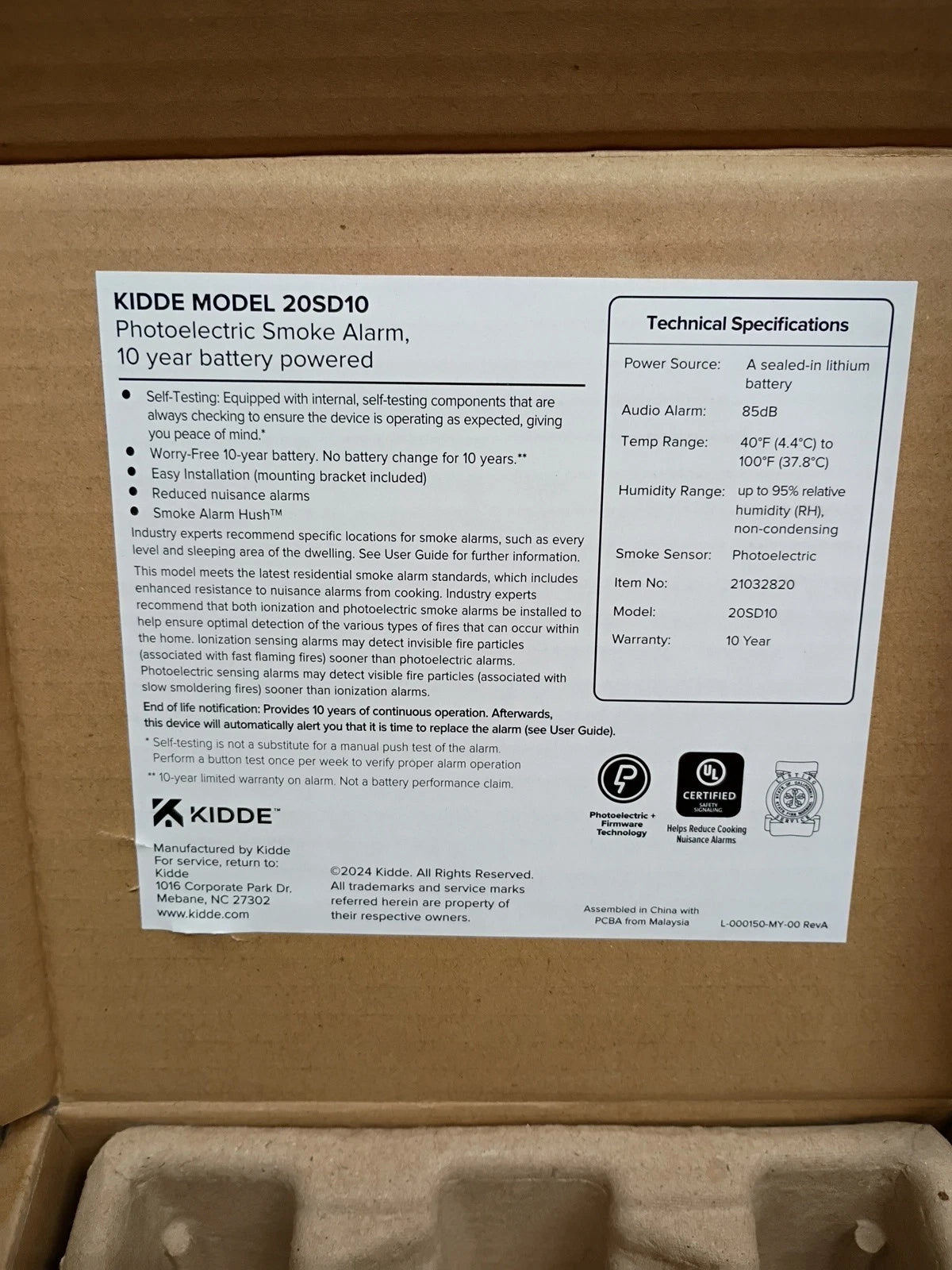 Kidde 20SD10 Smoke Detector 10-Year Battery Powered LED Warning Light, OPEN BOX