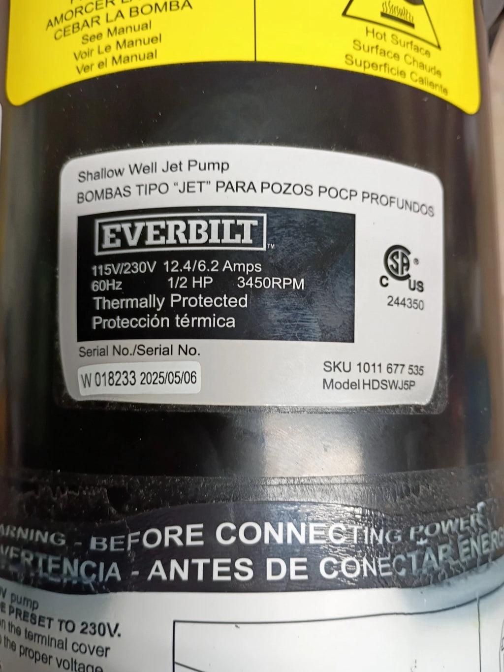 1/2 HP Everbilt Shallow Well Jet Pump Dual Voltage HDSWJ5P 25’ 11.5 GPM Parts