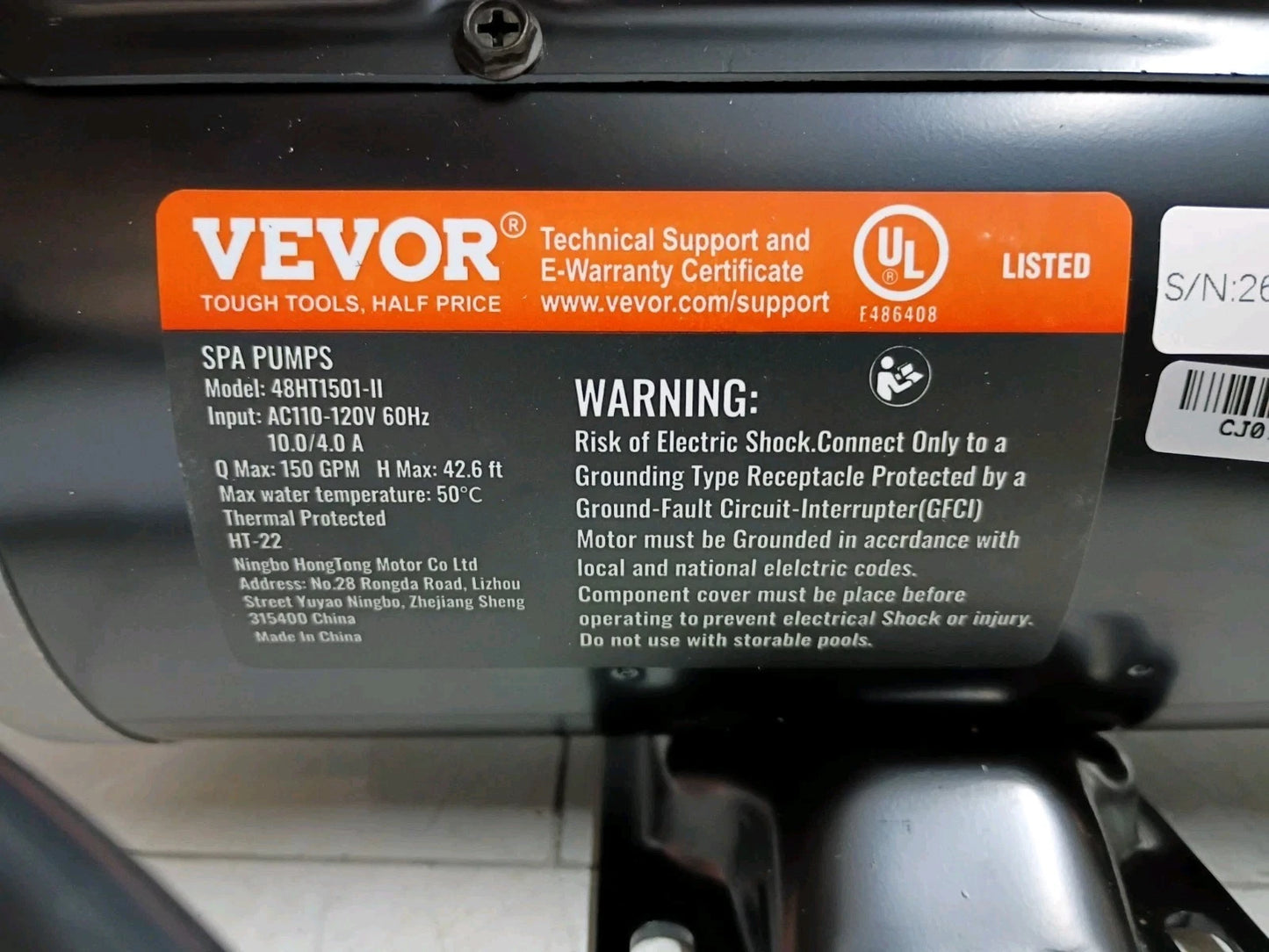 Vevor 2-Speed 1.5HP Spa Pump 110V 48-Frame 2" Port 150GPM Open Box
