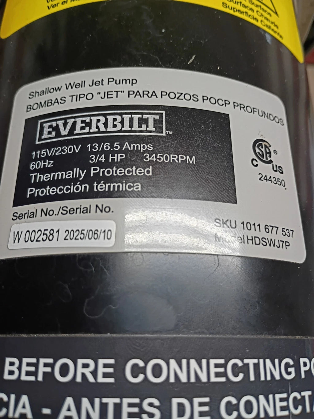 Everbilt Shallow Well Jet Pump Plastic 3/4HP HDSWJ7P Open Box Read