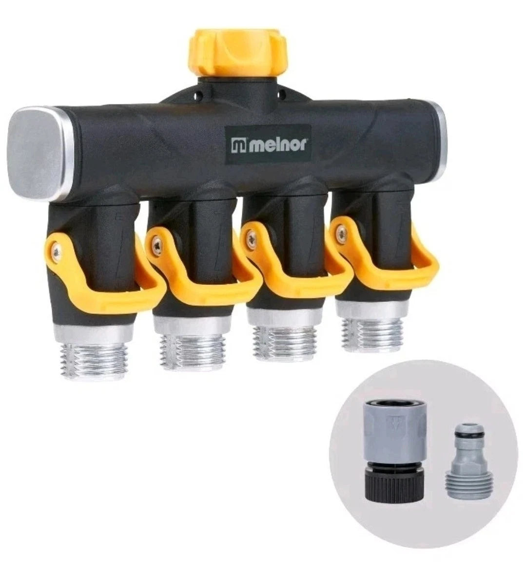 Melnor 65135AMZ 4 Way Lever Flow Through Valve Connector Bundle Yellow Black