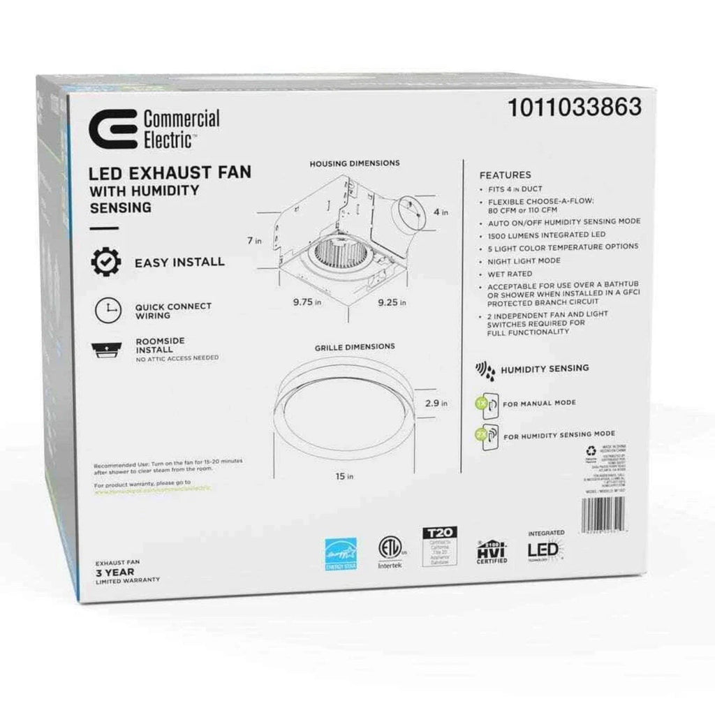 80/110 CFM Ceiling Mount Room Side Installation Round Bathroom Exhaust Fan w/LED