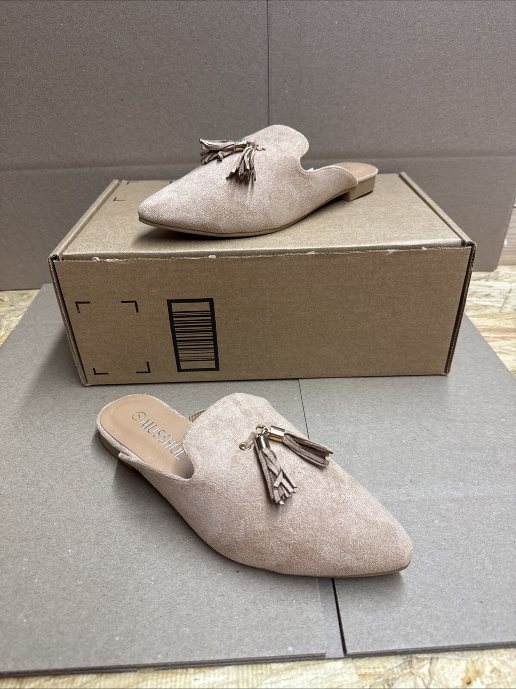 MUSSHOE women’s 7 pointed toe backless slip on slides loafer flats tassels