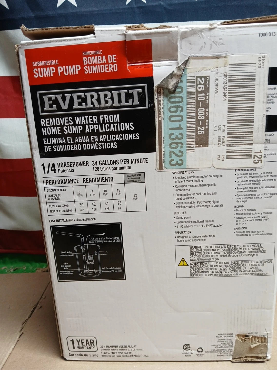 Everbilt 1/4 HP Aluminum Sump Pump w/ Tether Float Switch HDSP25W NEW OPEN BOX.