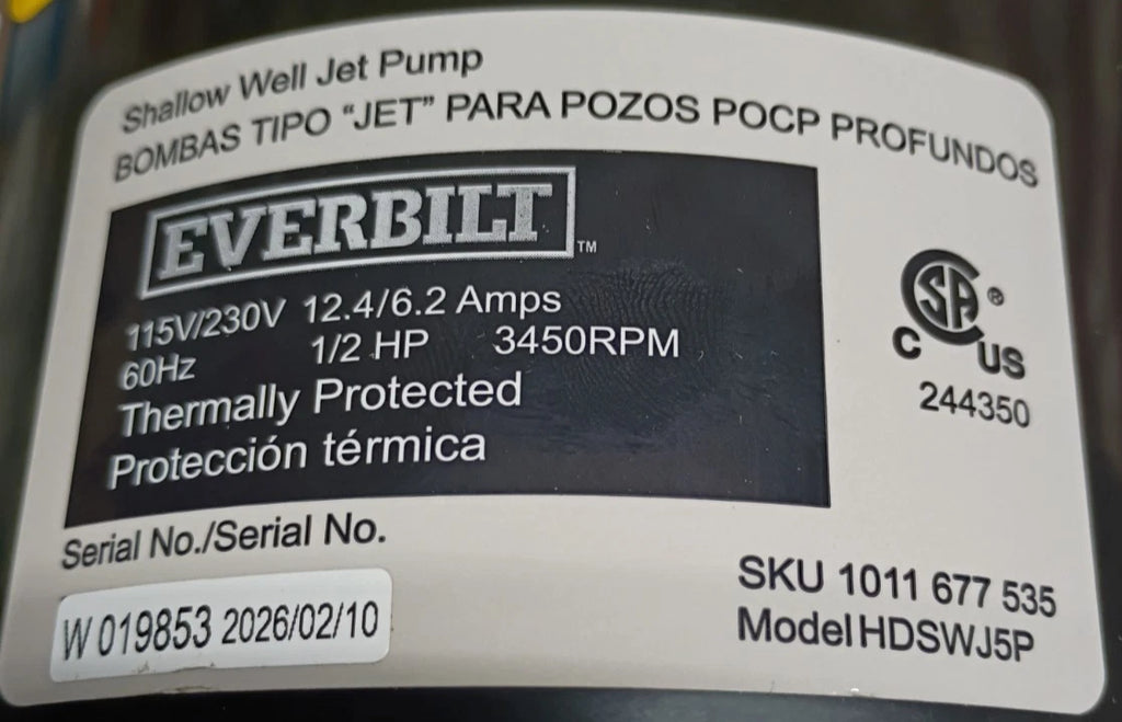 HDSWJ5P Everbilt 1/2 HP Plastic Shallow Well Jet Pump OPEN BOX