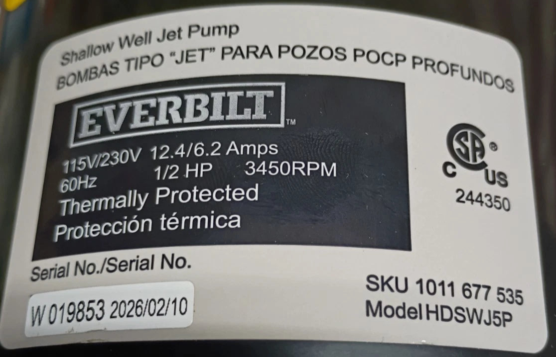HDSWJ5P Everbilt 1/2 HP Plastic Shallow Well Jet Pump OPEN BOX