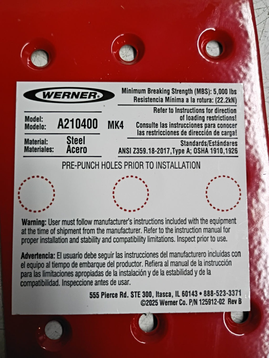 Werner A210400 D-Ring Steel Roof Anchor Trailing Rope Open Box