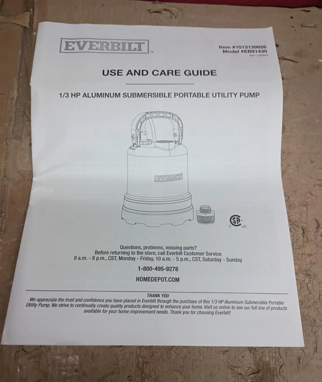 Everbilt HDSP25V 1/4 HP Submersible Sump Pump Thermoplastic, Open Box.