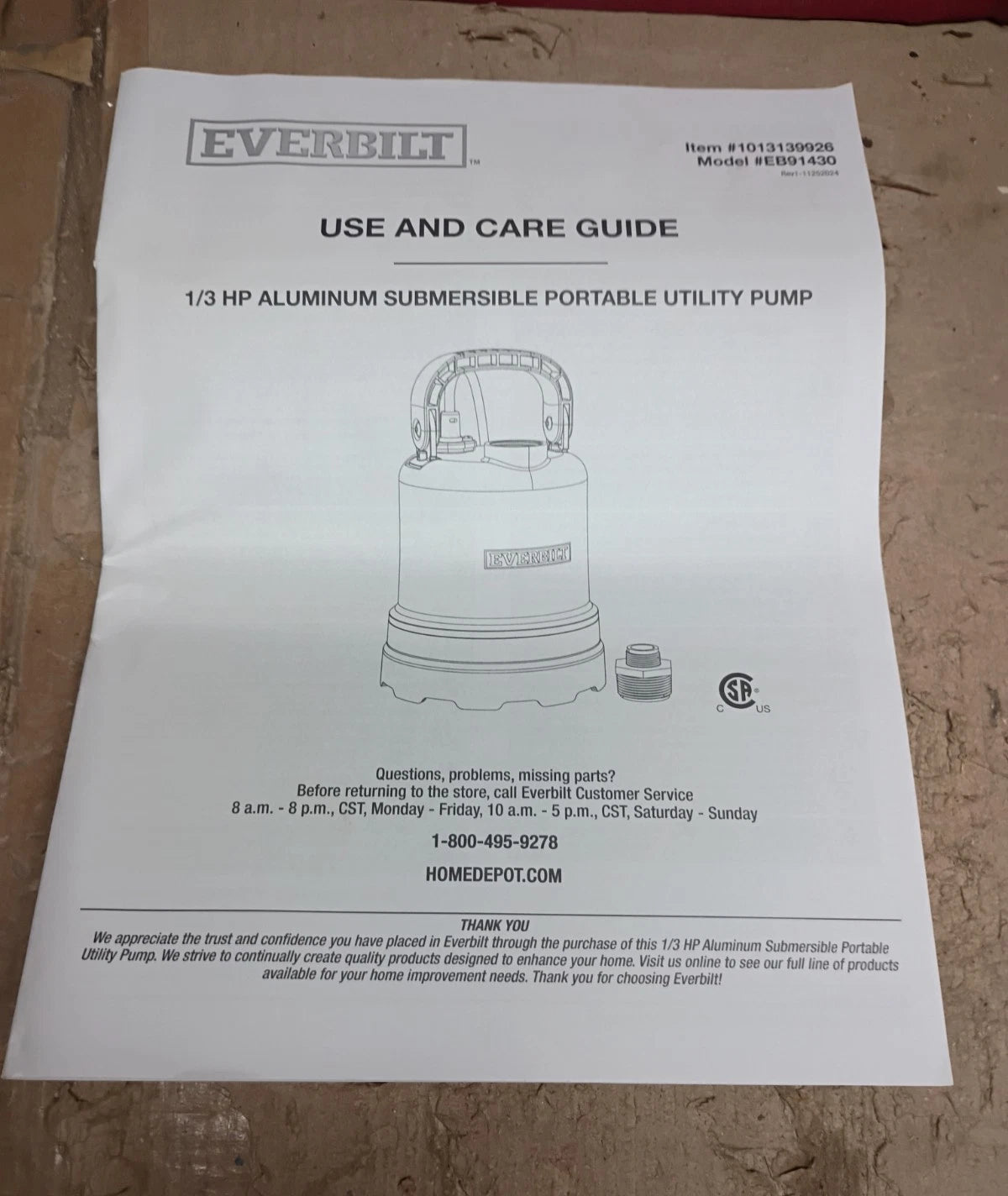 Everbilt HDSP25V 1/4 HP Submersible Sump Pump Thermoplastic, Open Box.