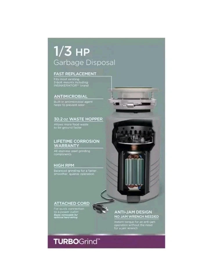 Glacier Bay TurboGrind GB333 1/3 Hp Garbage Disposal with Power Cord OB.