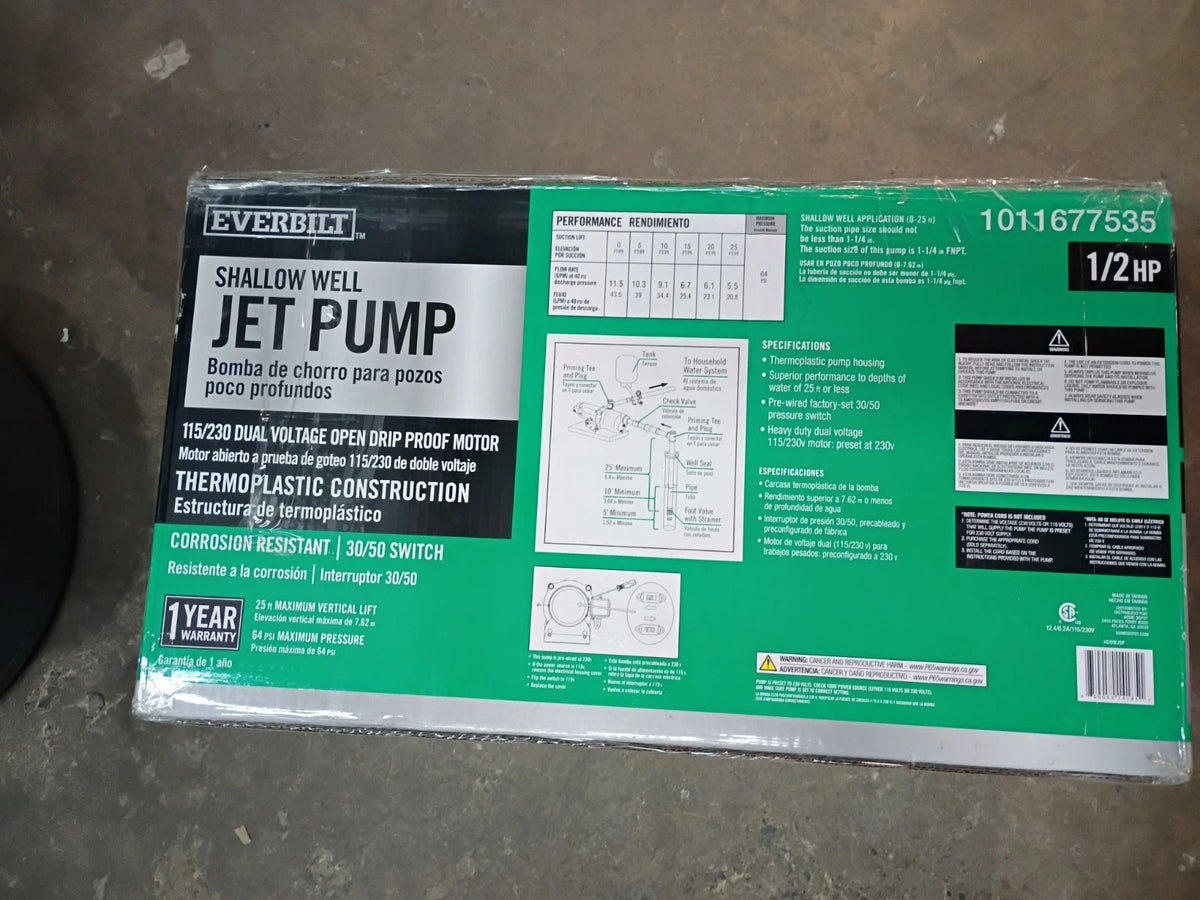Everbilt HDSWH5P 1/2 HP Plastic Shallow Well Jet Pump New Open Box
