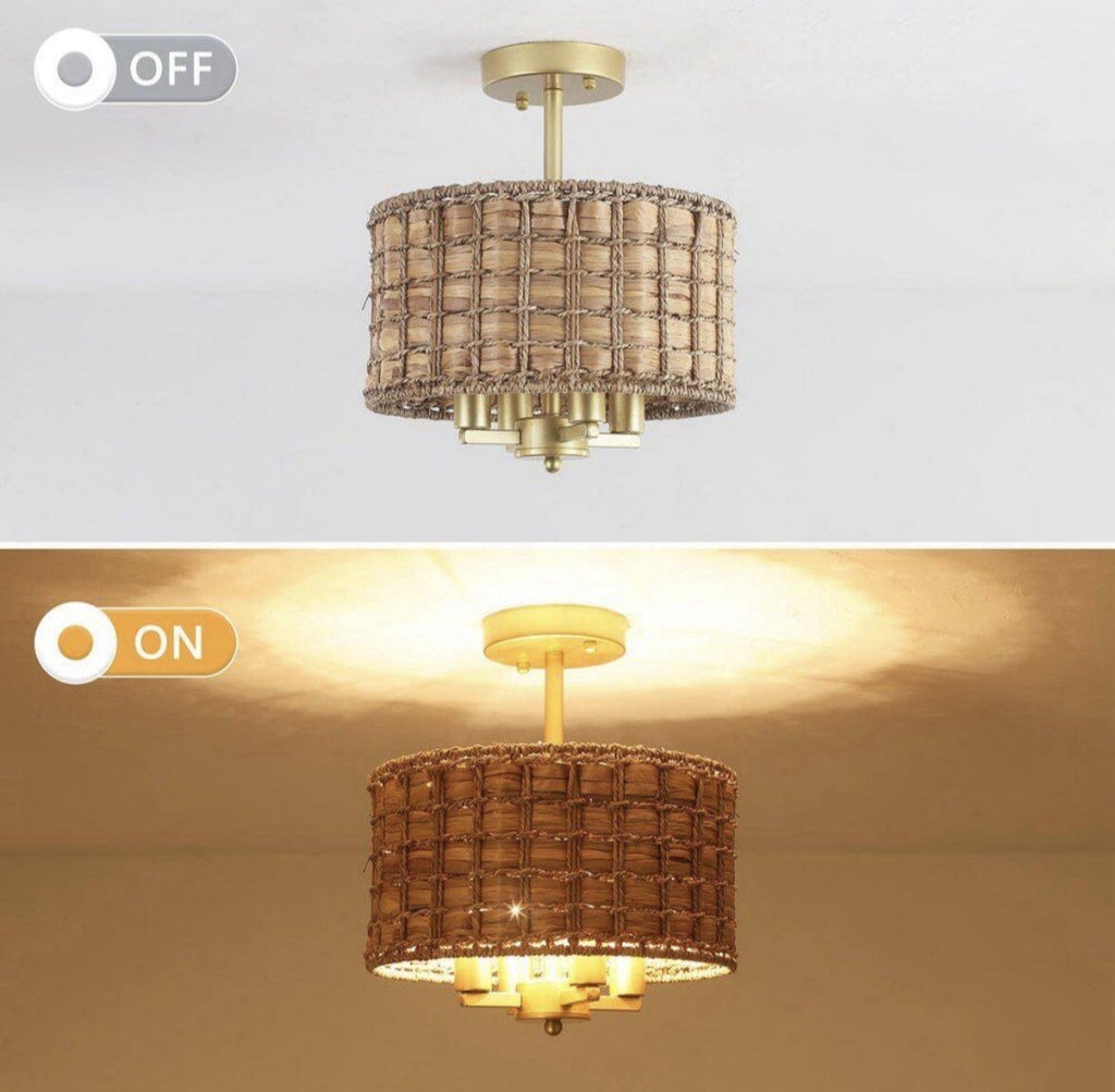 ETONIMERR Scrow 4-light 12 In. Gold Bohemian Drum Pendant Light With Hand Wov…