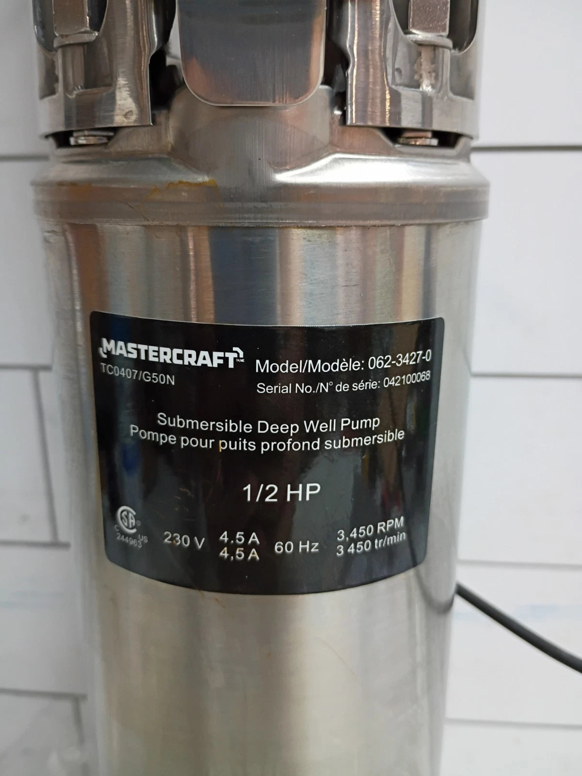 Mastercraft Deep Well Pump 2 or 3 wire 1/2 HP 230V 1300 GPH Open Box