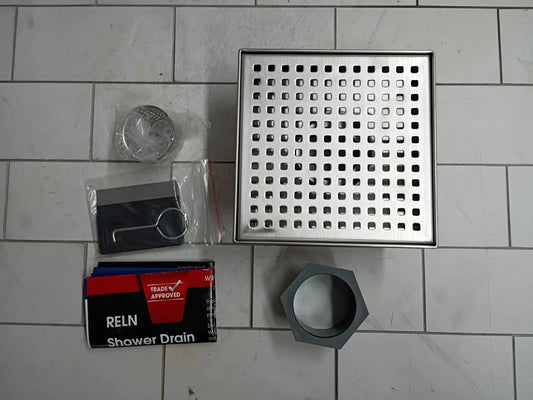 RELN 6" x 6" Stainless Steel Square Shower Drain w/Square Pattern Drain Cover OB