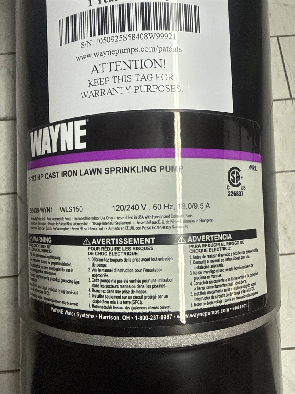 Wayne WLS150 1-1/2 HP Cast Iron Quick-Prime Lawn-irrigation Sprinkler Pump. NOB