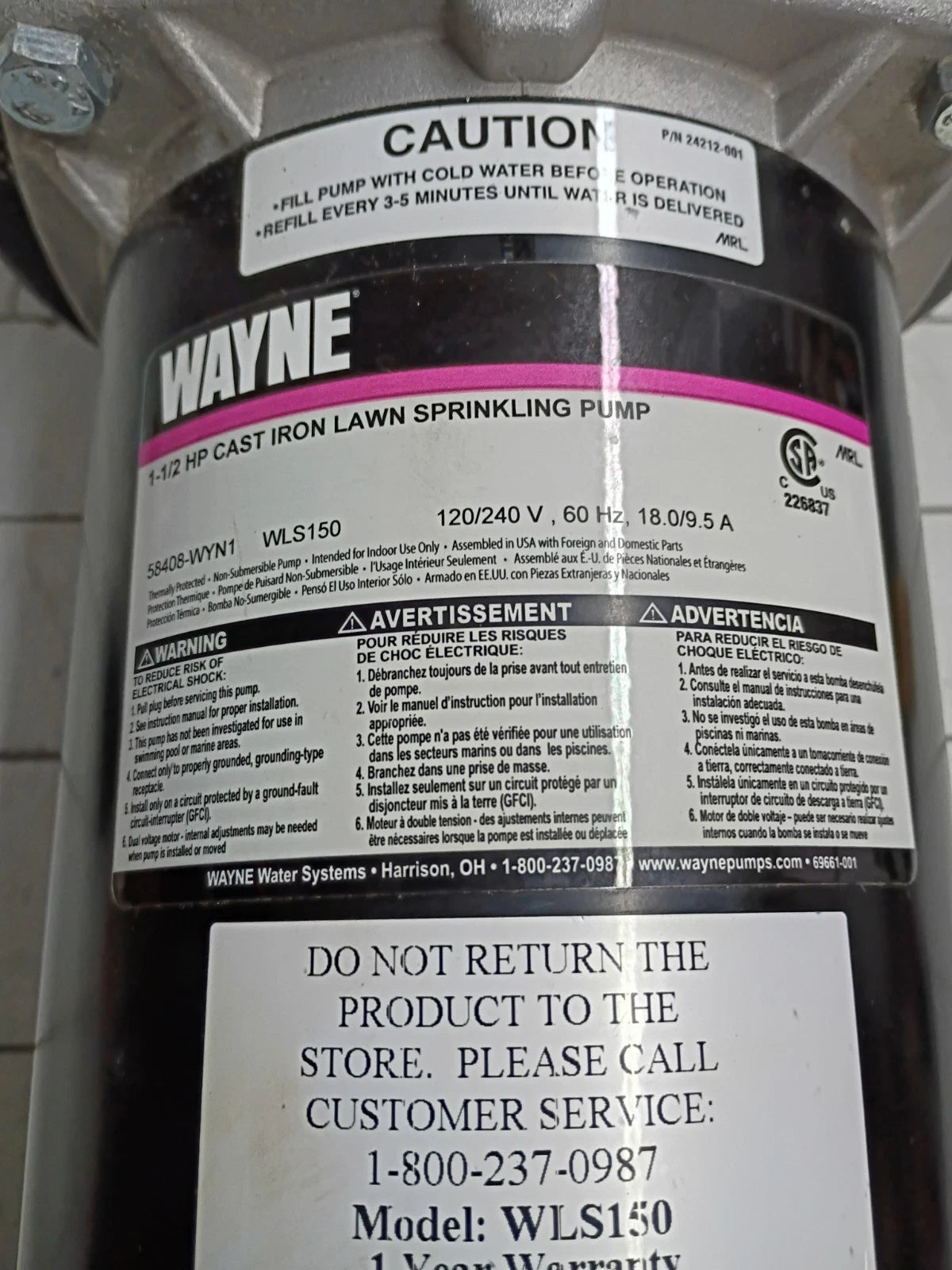 Wayne WLS150 1-1/2HP 230V Cast iron Lawn Irrigation Sprinkler pump FOR PARTS ONL