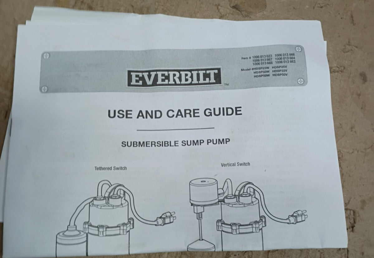 Everbilt 1/3 HP Corrosion Resistant Aluminum Sump Pump w/ Tether Switch OB.