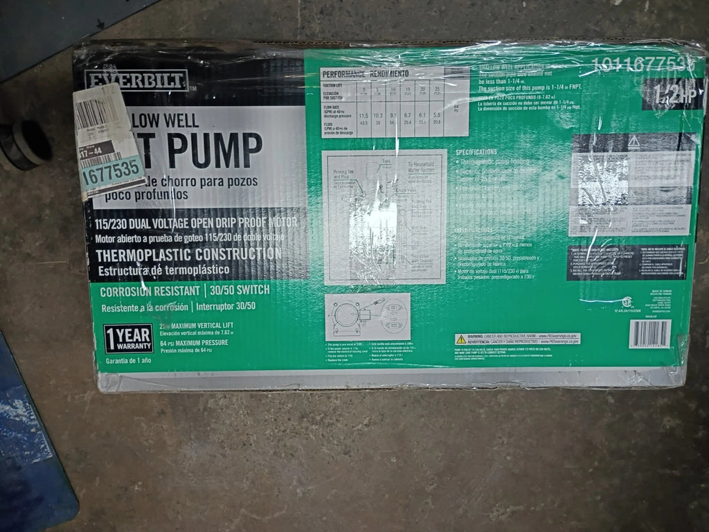Everbilt HDSWH5P 1/2 HP Plastic Shallow Well Jet Pump New Open Box