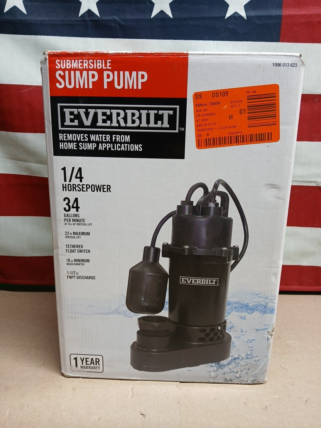 Everbilt 1/4 HP Aluminum Sump Pump w/ Tether Float Switch HDSP25W NEW OPEN BOX.