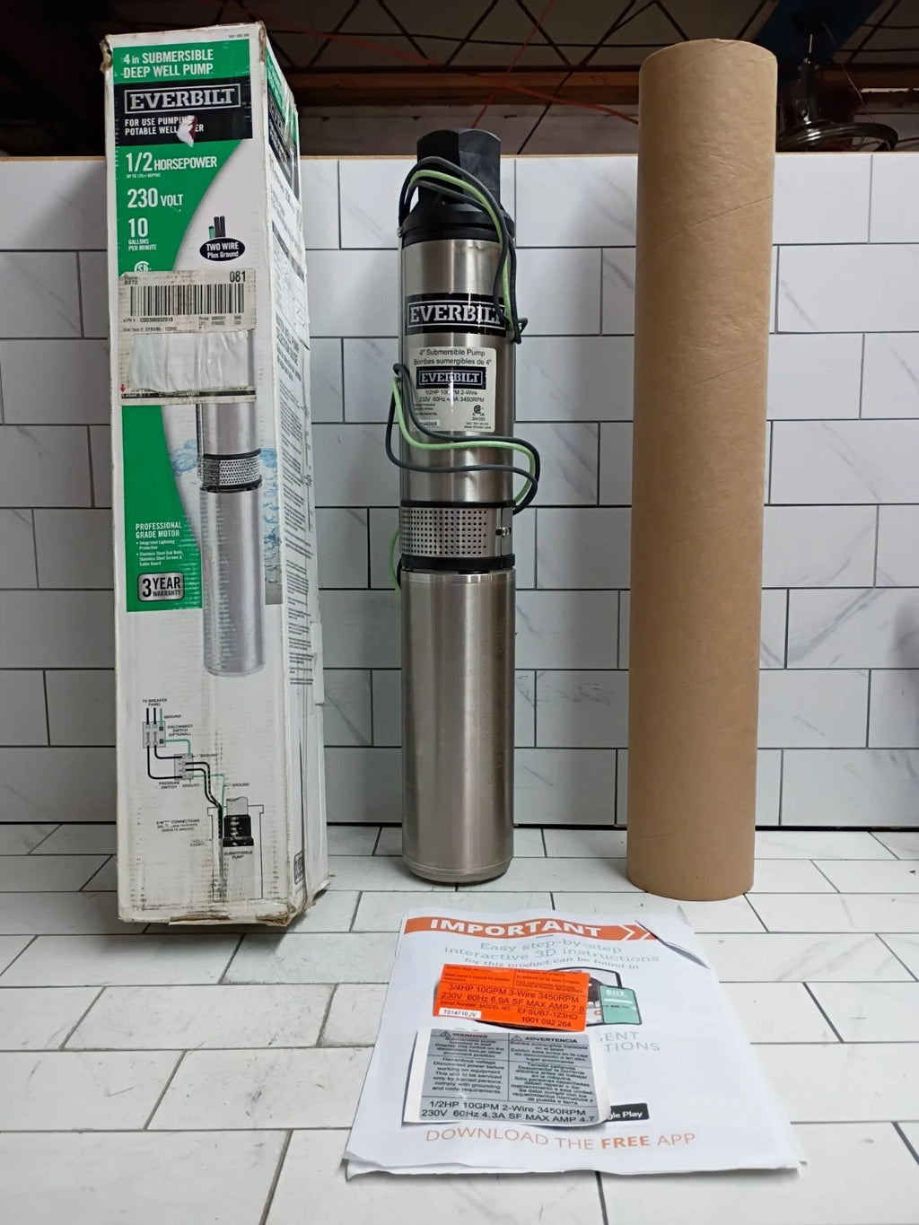 EVERBILT #EFSUB5-122HD 1/2 HP,230V 4" Submersible 2-Wire 10 GPM Deep Well