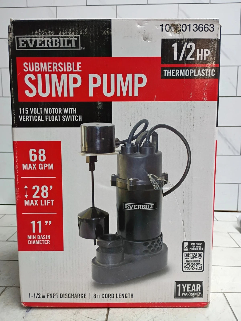 Everbilt HDPS50W 1/2 HP Submersible Aluminum Sump Pump with Vertical Switch, OB