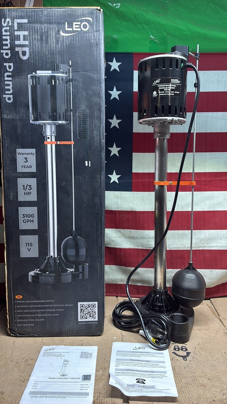 LEO Pedestal Sump Pump 1/3 HP 3270 GPH 115V Thermal Overload Protection Plastic