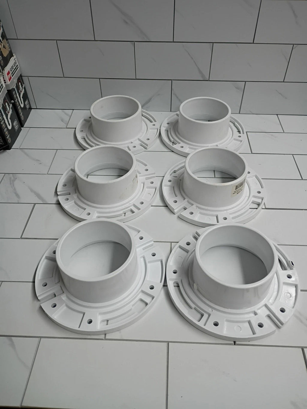6pck 3" X 4" PVC CLOSET FLANGE NO PIPE STOP STANDARD PATERN New Open Box