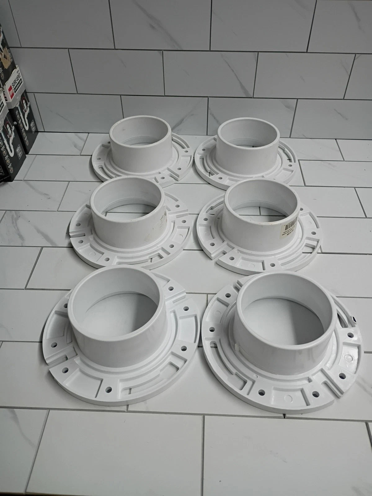 6pck 3" X 4" PVC CLOSET FLANGE NO PIPE STOP STANDARD PATERN New Open Box